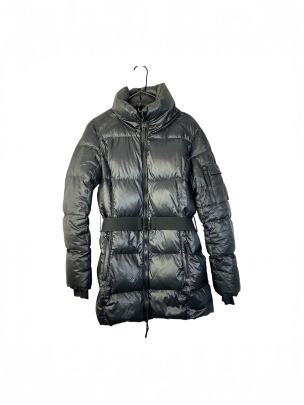 S13 NYC Women Black Belted Down Parka Coat Puffer Jacket Shiny Mid-Length Size L
